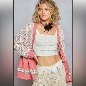 333 🇺🇸POL guava pink roomy fit top in cotton twill contrast lace panel jacket